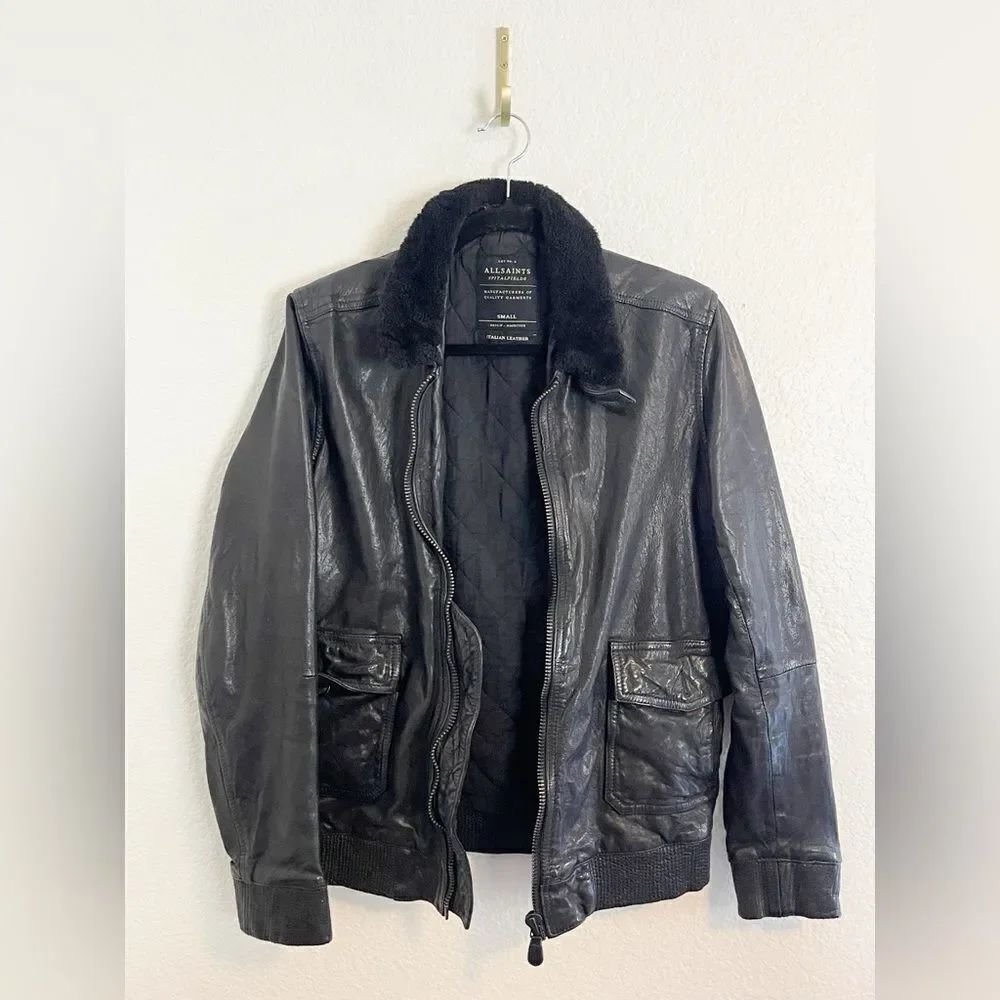 Allsaints Black Leather Bomber Aviator Flight Jacket with Shearling Collar Small